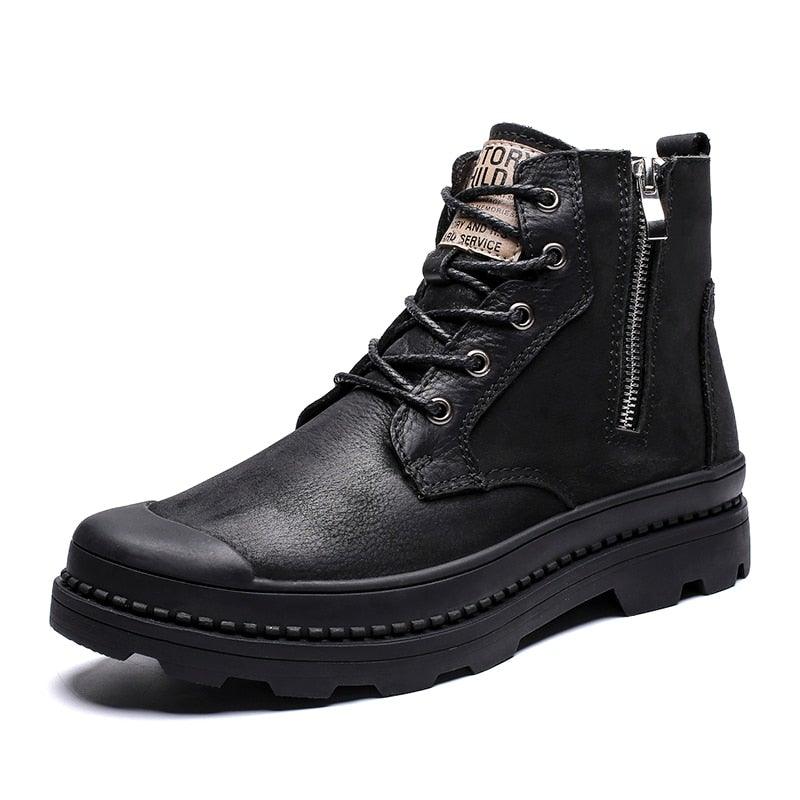 Men's Genuine Leather High Top Zipper Boots - AM APPAREL