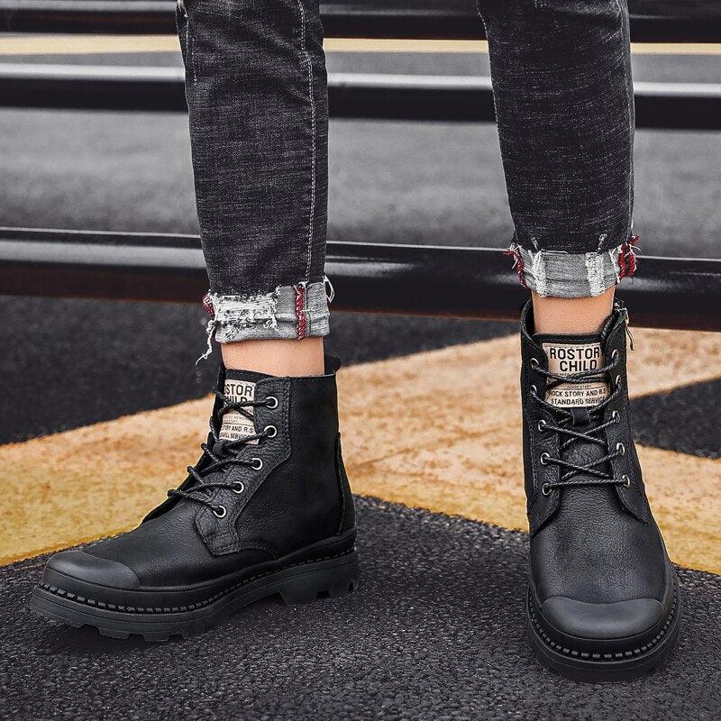 Men's Genuine Leather High Top Zipper Boots - AM APPAREL