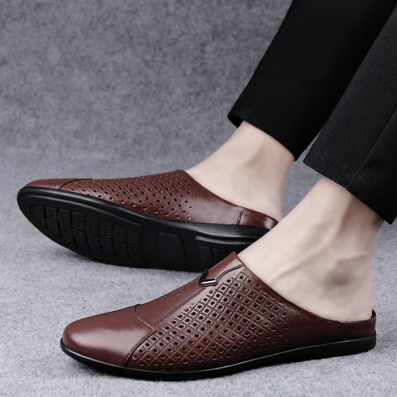 Men's Genuine Leather Mules Backless Loafers - AM APPAREL