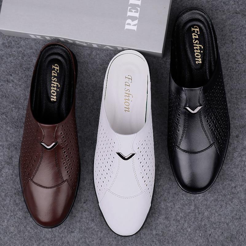 Men's Genuine Leather Mules Backless Loafers - AM APPAREL