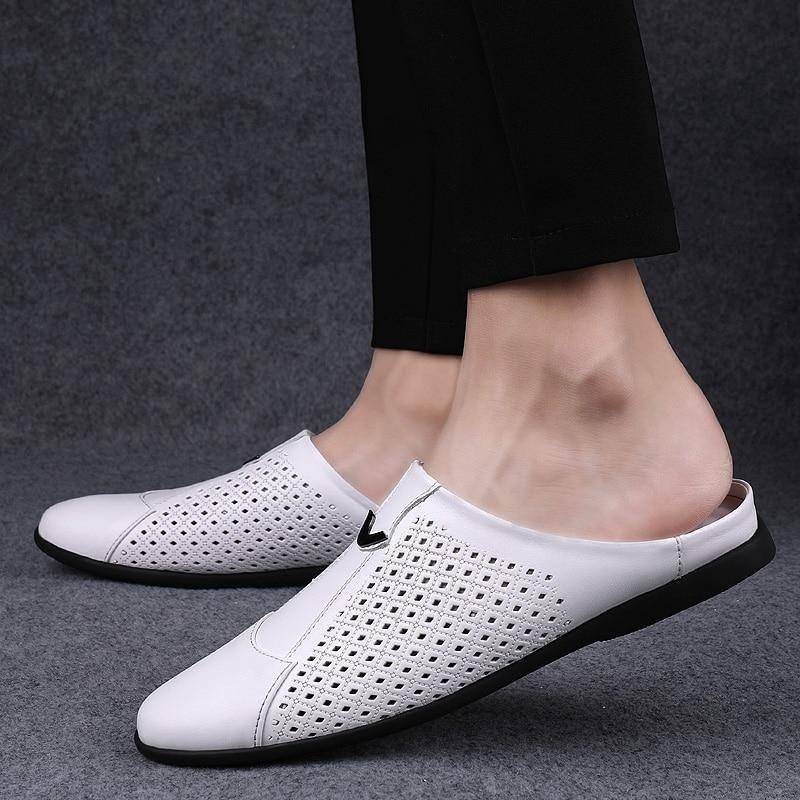 Men's Genuine Leather Mules Backless Loafers - AM APPAREL