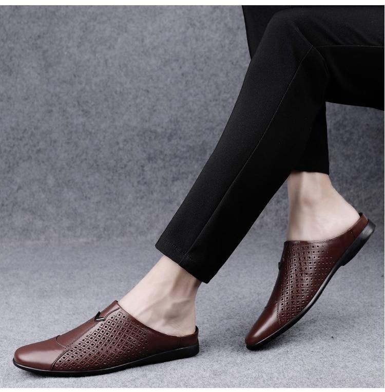 Men's Genuine Leather Mules Backless Loafers - AM APPAREL