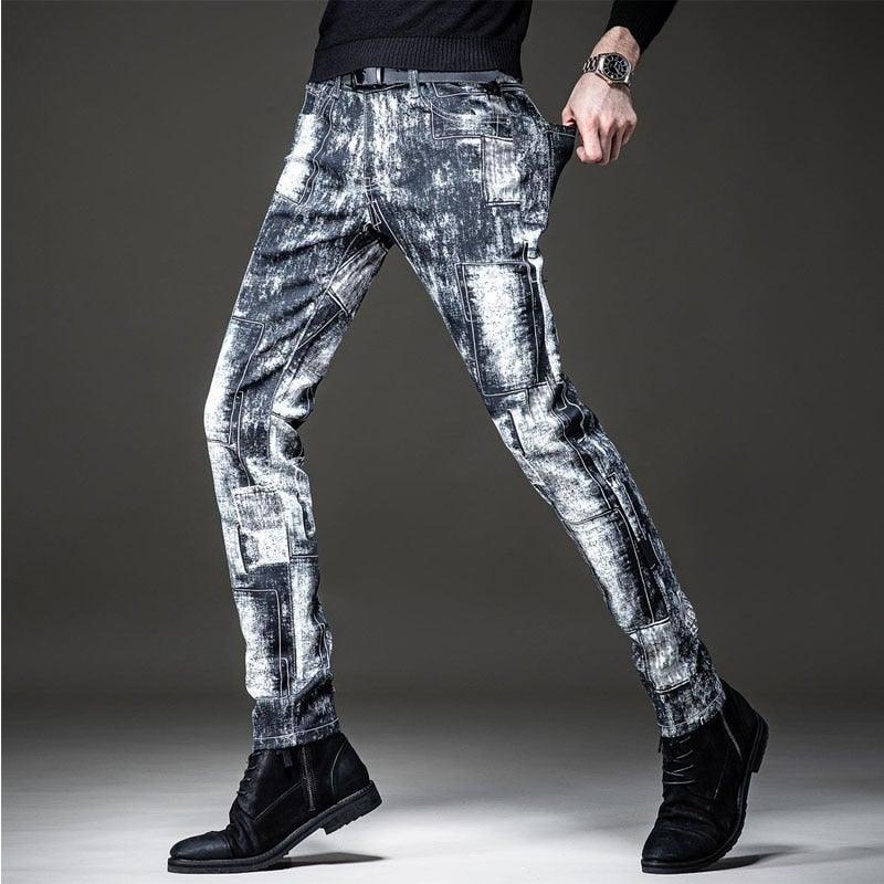 Men's Graffiti Print Patchwork Slim Fit Jeans - AM APPAREL