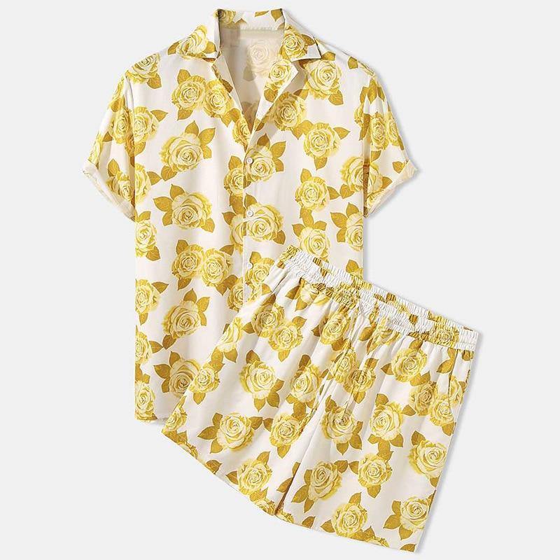 Men's Hawaiian Floral Print Summer Short & Shirt Set - AM APPAREL