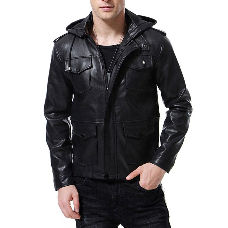 Men's Motorcycle Hooded Faux Leather Jacket - AM APPAREL