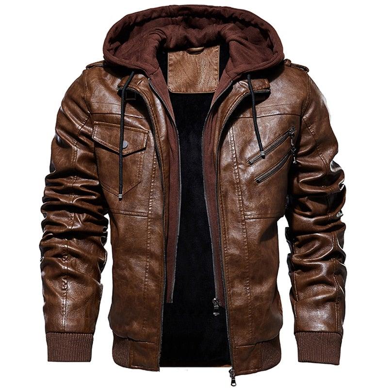 Men's PU Faux Leather Hooded Winter Jacket - AM APPAREL