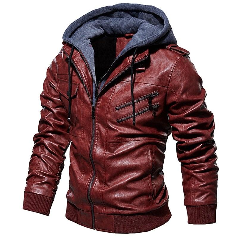 Men's PU Faux Leather Hooded Winter Jacket - AM APPAREL