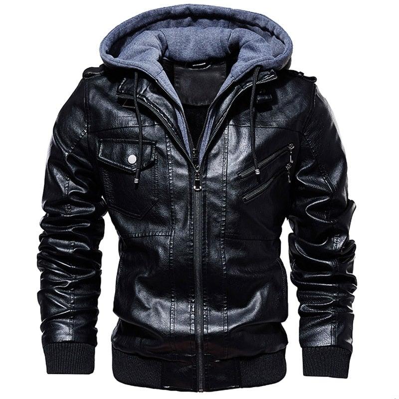 Men's PU Faux Leather Hooded Winter Jacket - AM APPAREL