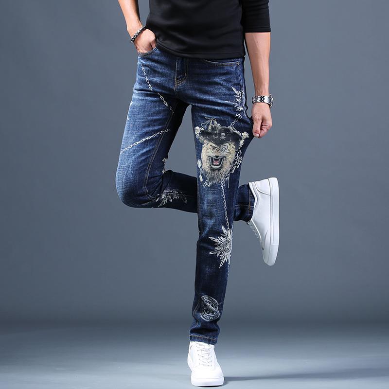 Men's Ripped Stretch Jeans W/ Embroidery Designs - AM APPAREL