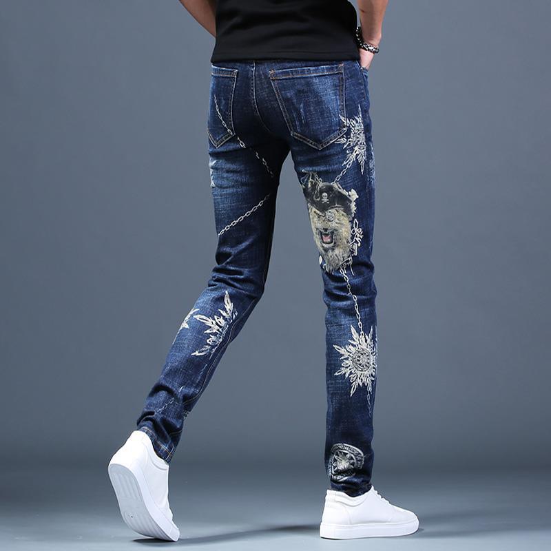 Men's Ripped Stretch Jeans W/ Embroidery Designs - AM APPAREL