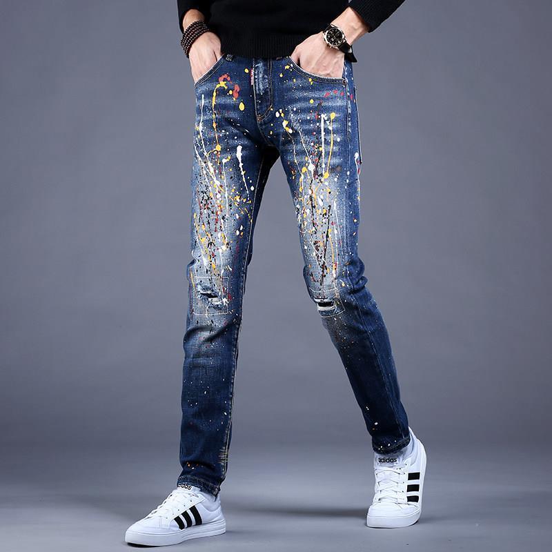 Men’s Slim Fit Denim Graffiti Ripped Jeans - AM APPAREL