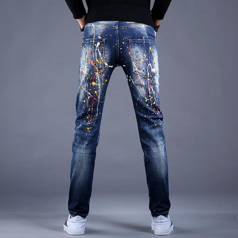 Men’s Slim Fit Denim Graffiti Ripped Jeans - AM APPAREL