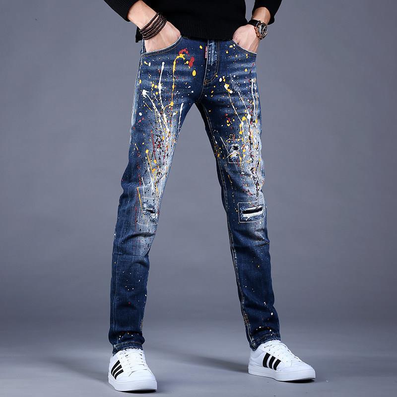 Men’s Slim Fit Denim Graffiti Ripped Jeans - AM APPAREL