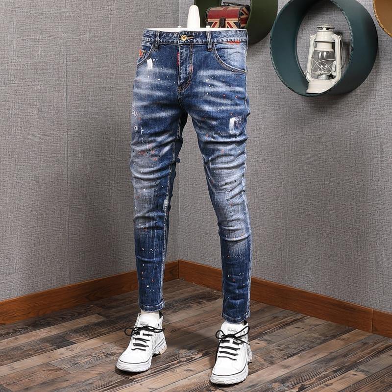 Men's Slim Fit Elastic Distressed Denim Jeans - AM APPAREL