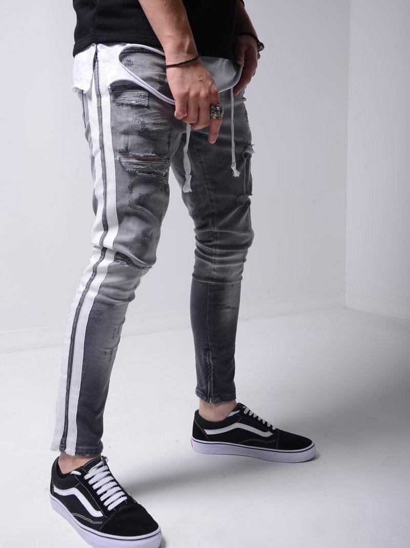 Men's Slim Fit Side Striped Distressed Jeans - AM APPAREL