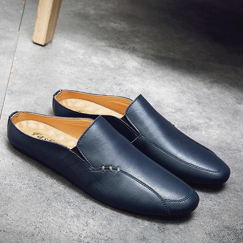 Men's Split Faux Leather Backless Loafers - AM APPAREL