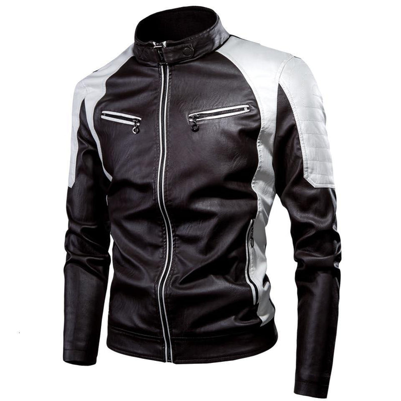 Men's Spring Casual Spliced Faux Leather Jacket - AM APPAREL