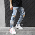 Men's Streetwear Letter Print Patchwork distressed Jeans - AM APPAREL