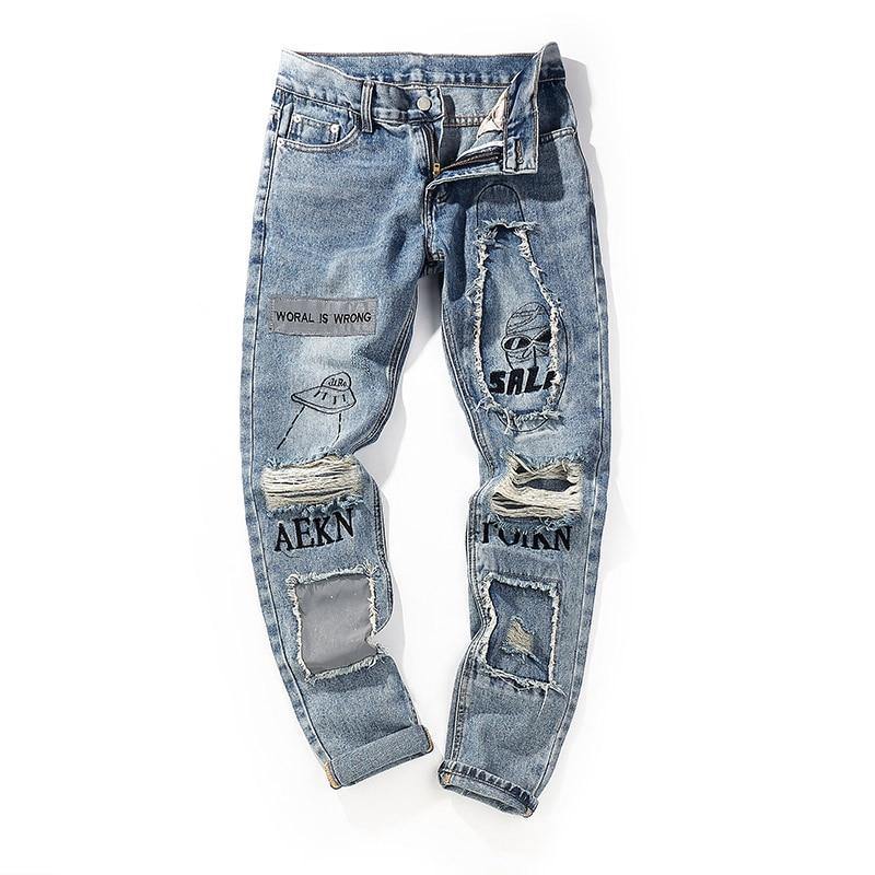 Men's Streetwear Letter Print Patchwork distressed Jeans - AM APPAREL