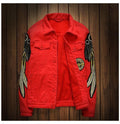 Men's Trendy Wings Embroidery Fleece Jean Jacket - AM APPAREL