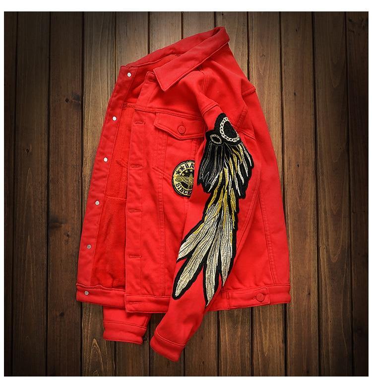 Men's Trendy Wings Embroidery Fleece Jean Jacket - AM APPAREL