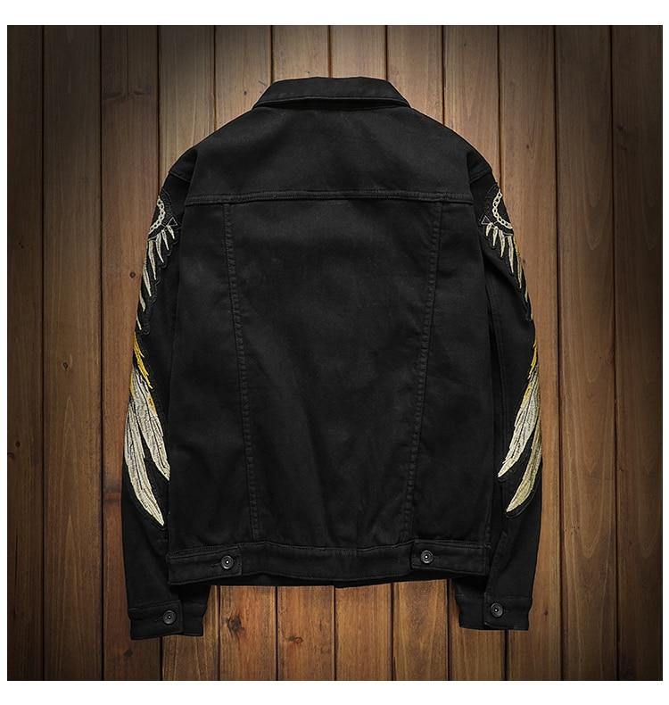 Men's Trendy Wings Embroidery Fleece Jean Jacket - AM APPAREL