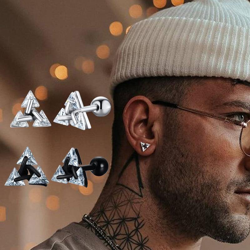 Men's Triangle Shaped Crystal Stud Earrings - AM APPAREL