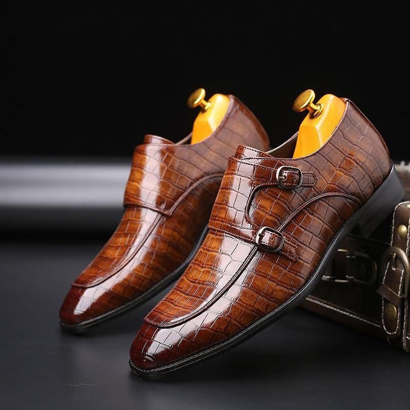 Men's Wood Pattern Genuine Leather Oxford Shoes - AM APPAREL