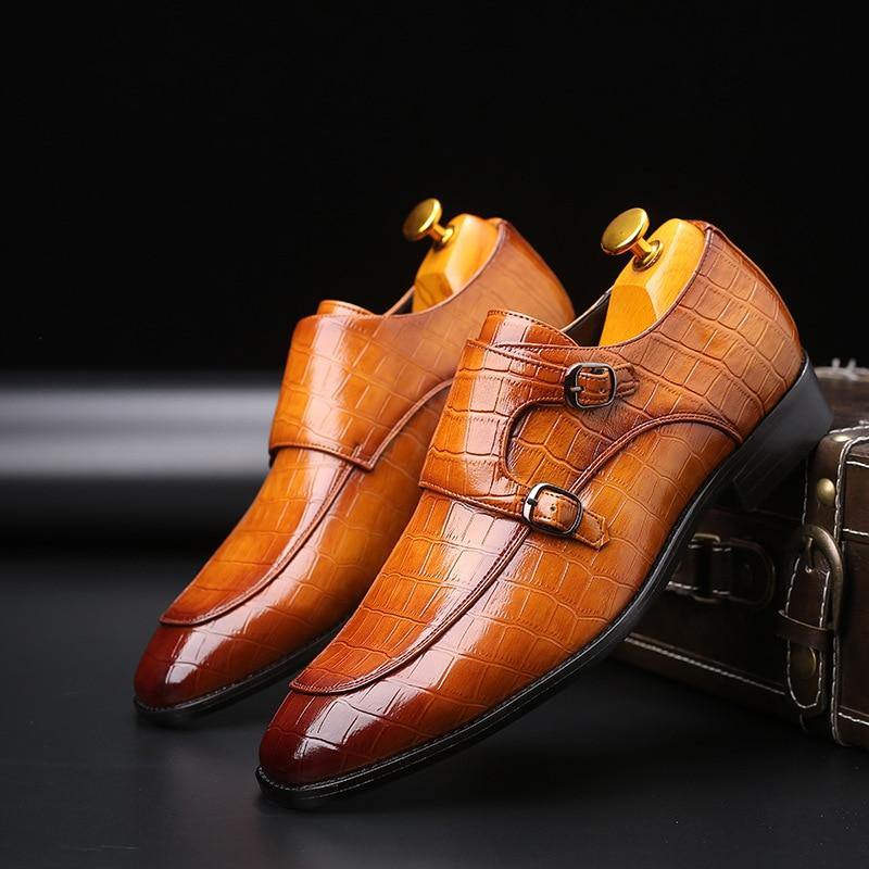 Men's Wood Pattern Genuine Leather Oxford Shoes - AM APPAREL