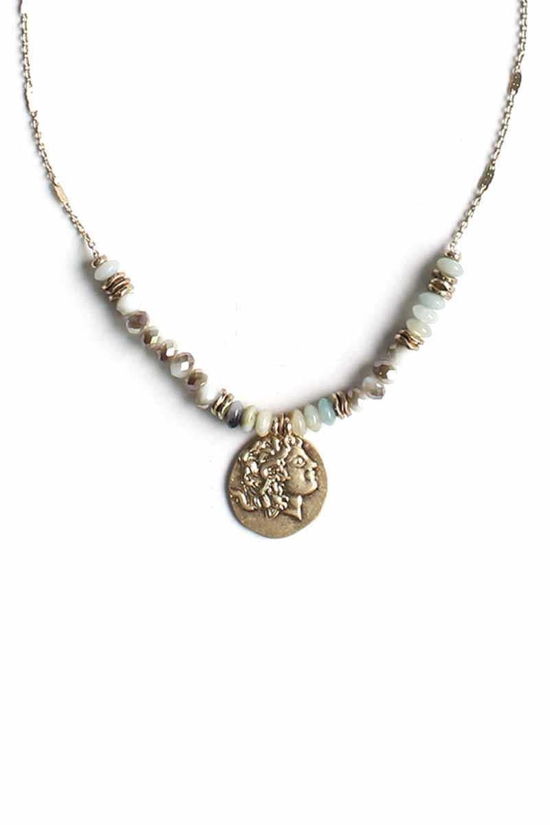 Stone Glass Bead Coin Pendant Necklace - AM APPAREL