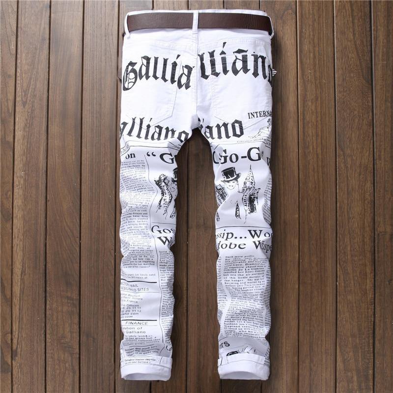 Unisex News Printed White Regular Fit Jeans - AM APPAREL