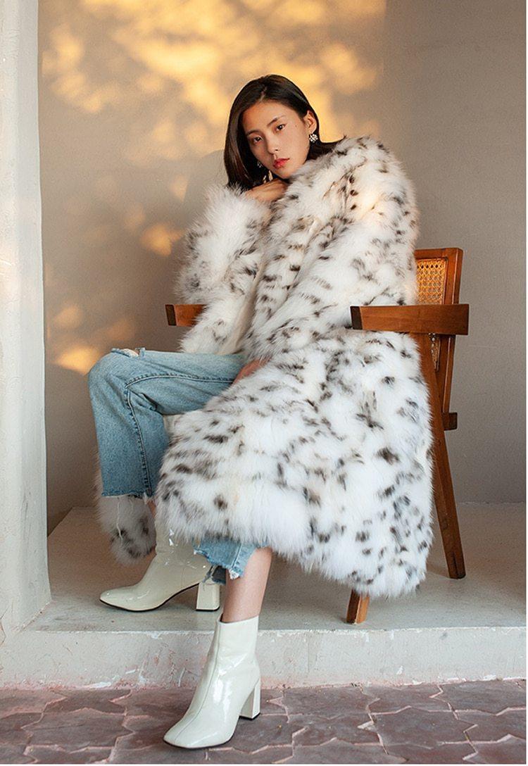 Women's Faux Fur Leopard Print Winter Long Coat - AM APPAREL