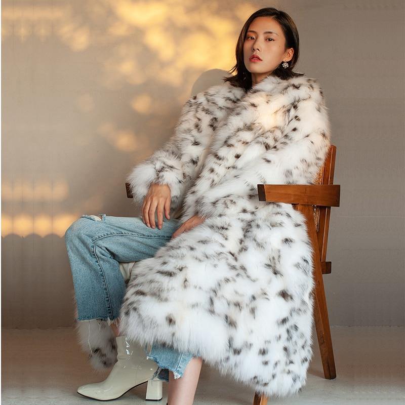 Women's Faux Fur Leopard Print Winter Long Coat - AM APPAREL