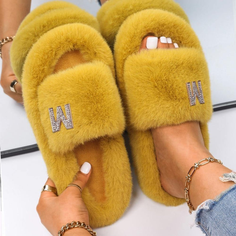 Women's Fluffy Faux Fur Slipers W/ Rhinestone Letter M - AM APPAREL