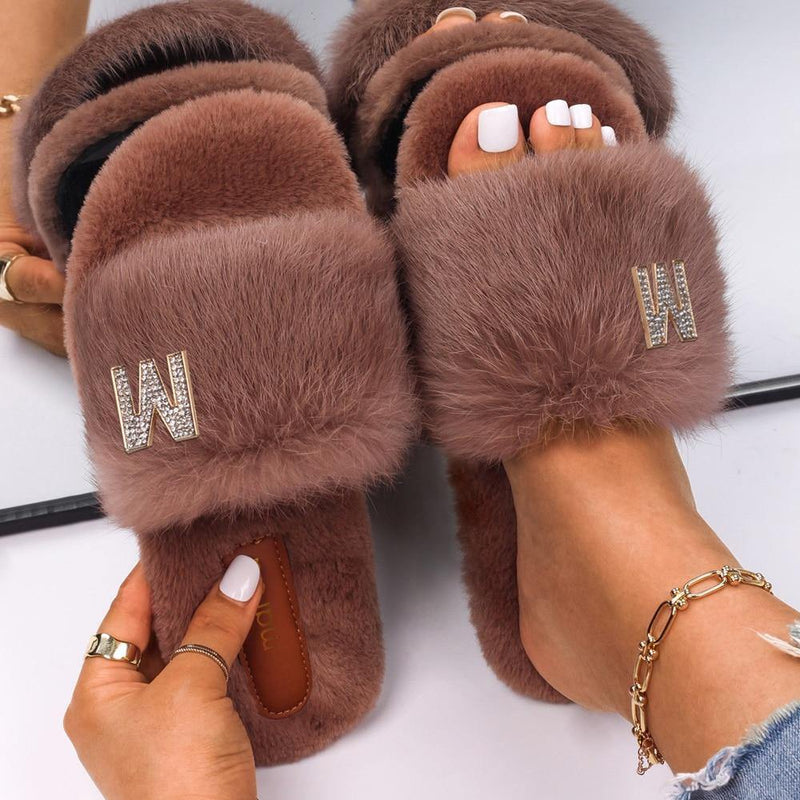 Women's Fluffy Faux Fur Slipers W/ Rhinestone Letter M - AM APPAREL