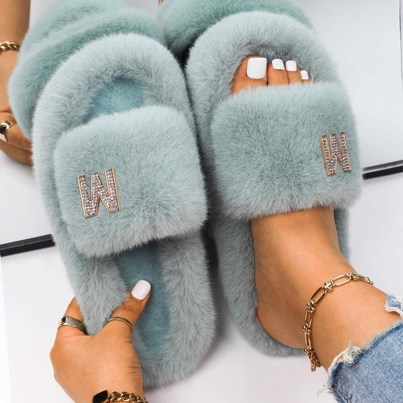 Women's Fluffy Faux Fur Slipers W/ Rhinestone Letter M - AM APPAREL