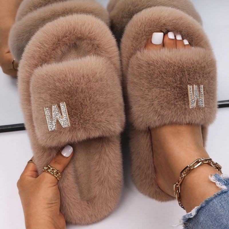 Women's Fluffy Faux Fur Slipers W/ Rhinestone Letter M - AM APPAREL