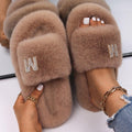 Women's Fluffy Faux Fur Slipers W/ Rhinestone Letter M - AM APPAREL