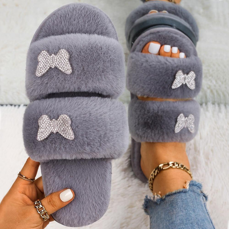 Women's Furr Slippers W/ Rhinestone Butterfly Detail - AM APPAREL