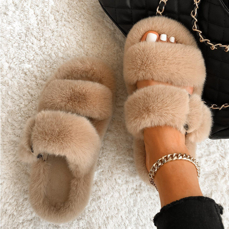 Women's Furry Platform Slipper Sandals - AM APPAREL
