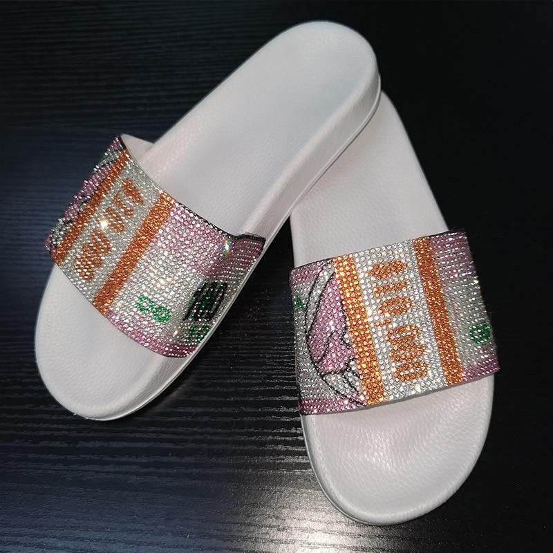 Women's Non-Slip Rhinestone Dollar Slippers - AM APPAREL