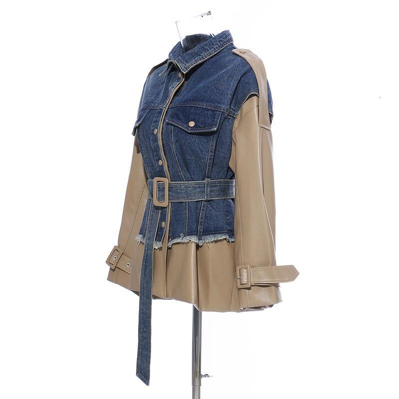 Women's Patchwork Faux Leather & Denim Coat - AM APPAREL